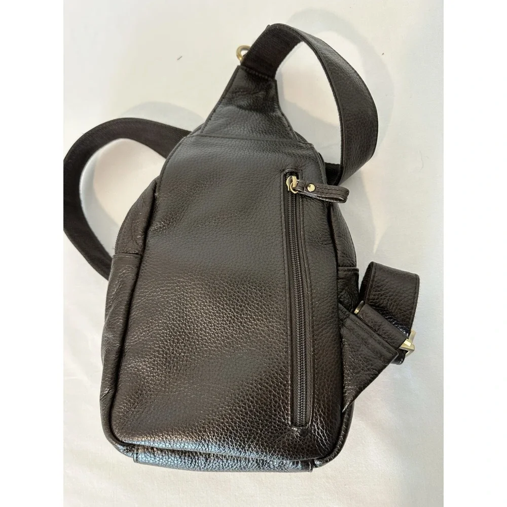 Black Leather Messenger Sling Bag with Gold Buckle
